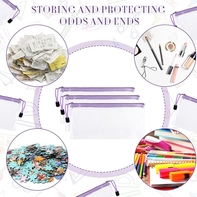 Sherr 120 Pcs Mesh Zipper Pouch A6 Pencil Pouches Bulk Small Clear Mesh Bags with Zipper 9.45'' x 4.53'' Waterproof File Bag Pencil Case for School Office Travel Organization(Purple)