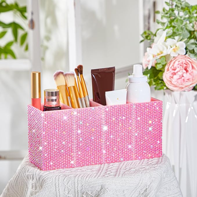 Bling Desk Organizer for Women, Rhinestone Pen Makeup Brush Holder, Girly Desk Accessories Organizer for Office Classroom Elevate Your Workspace with Serenity(Rhinestone,Pink)