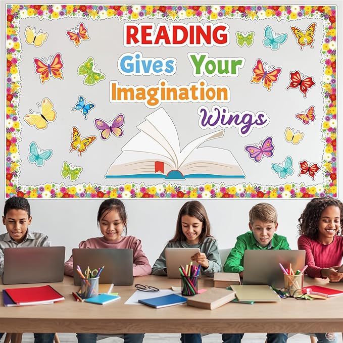 Qyeahkj Spring Reading Bulletin Board Set Classroom Decorations Reading Gives Your Imagination Wings Bulletin Board Butterfly Flower Paper Cutouts for Classroom School Read Wall Decor Supplies