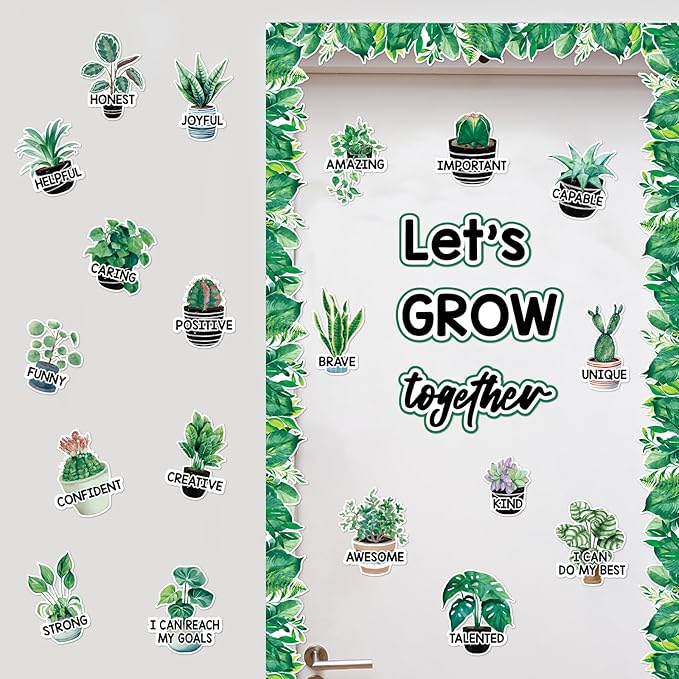 gisgfim Greenery Affirmation Station Bulletin Board Classroom Decorations Set Let’s Grow Plant Potted Paper Cutout for Motivational Plant Teacher Back to School Wall Door Chalkboard Decor