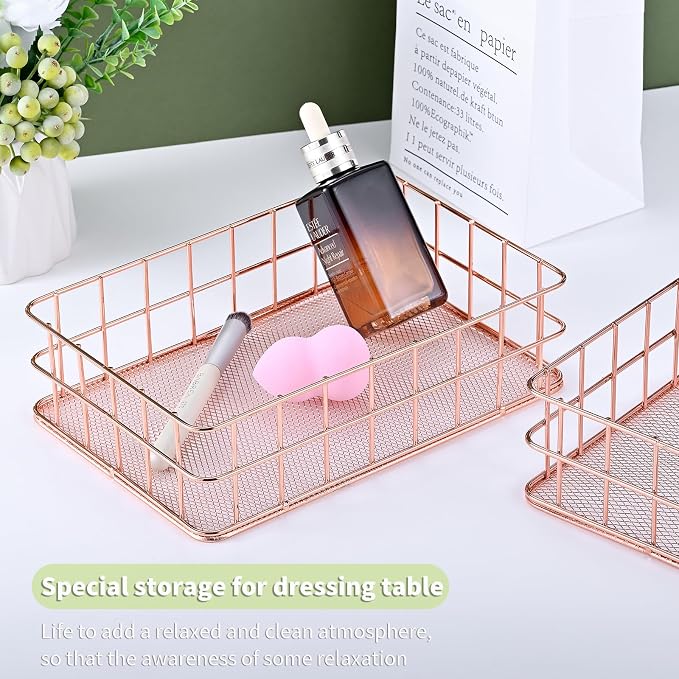 2pcs Rose Basket Bathroom Gold Organizer Storage Basket For Decor Desktop Exquisite Vanity Dresser Ornament Office Stationery Home(9.65*6.5*2.75inch) (Rose)