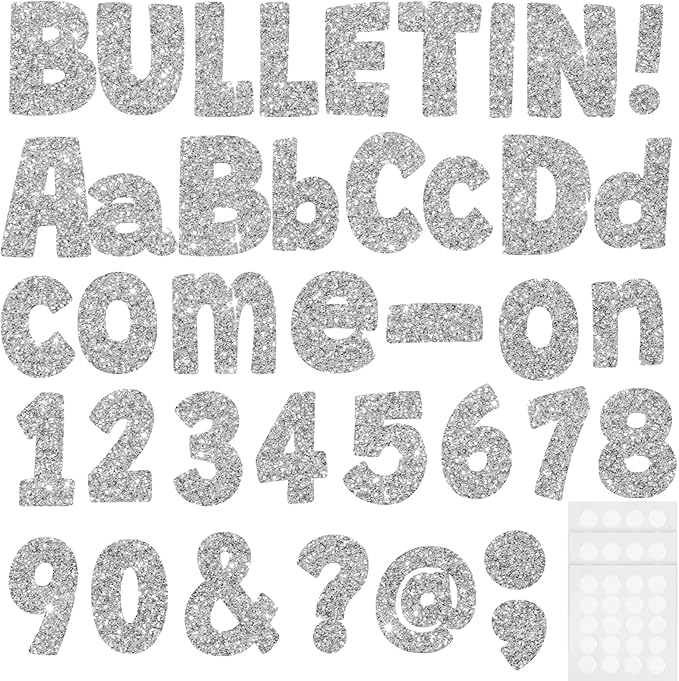 225Pcs Glitter Bulletin Board 4inch Letters with Adhesive Dots Punctuation Symbols Cutout for Classroom Numbers Alphabet School Display Decorating Supplies (Silver)