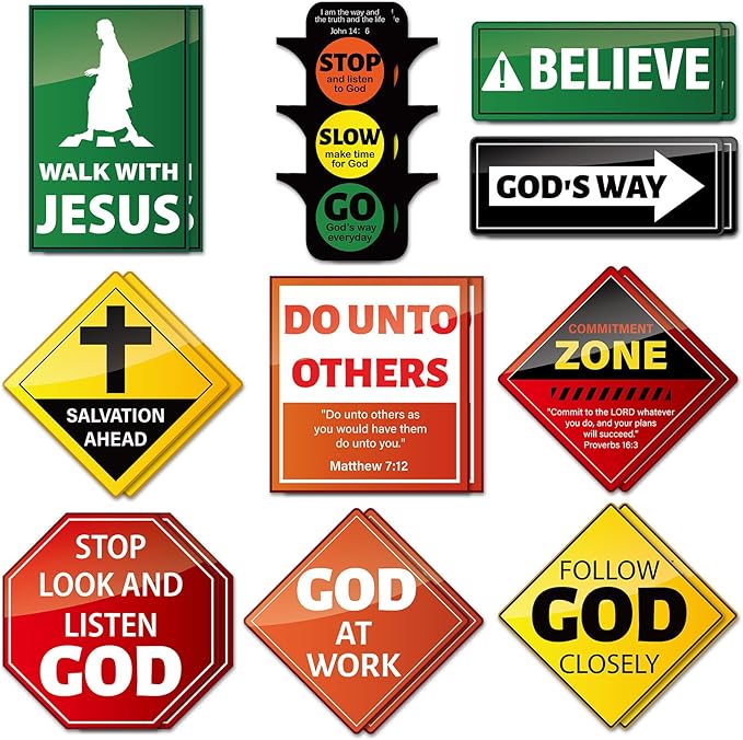 20 PCS Christian Road Signs VBS Decorations Religious Bulletin Board Set Christian Construction Sign Paper Cutouts Jesus Bible Verse Wall Decor for Sunday School Classroom Church