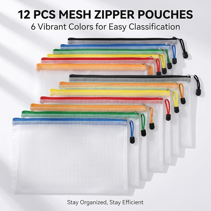 RAINFLOW a4 Mesh Zipper Pouch Bags - 12 PCS Reusable Mesh Bags with Zipper Waterproof Storage Bag Organizer for Document Toy Storage Classroom Organization and Storages Office Supplies in Multicolor