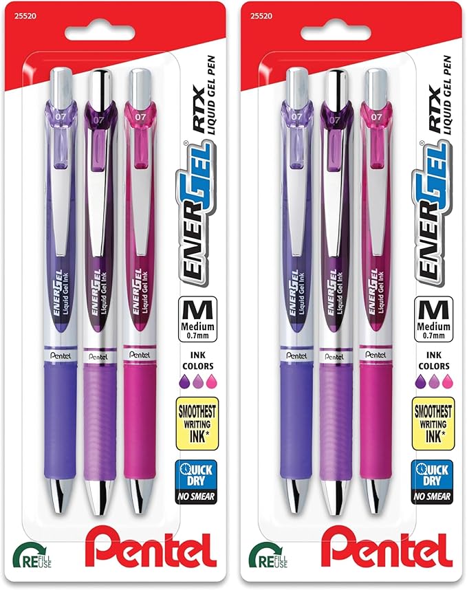 Pentel EnerGel RTX Retractable Liquid Gel Pen,Passion Hue,0.7mm,Assorted Violet Ink Pens (BL77PASBP3M),3 Count (Pack of 2)
