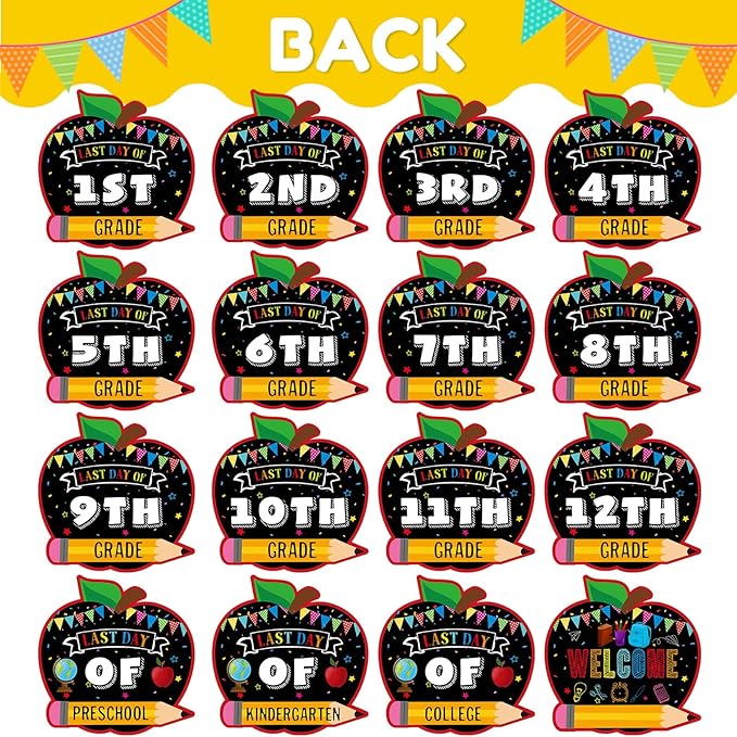 Pasimy 16 Pcs First and Last Day School Grad Signs Reversible Reusable Paper Apple Chalkboard Signs Back to School Photo Prop Preschool Kindergarten 1st-12th Grades to College for Kids Girl Boy