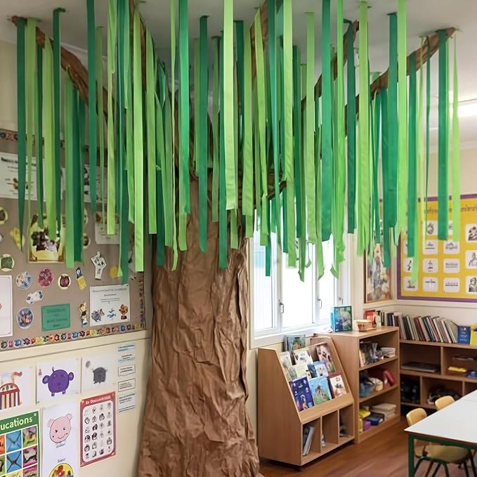 Watersay Classroom Tree Bulletin Board Decorations Set 196 ft Green Crepe Paper 98 ft Brown Kraft Paper Roll DIY 3D Cardboard Tree Woodland Bulletin Board Wall Decoration for School Teacher Chalkboard