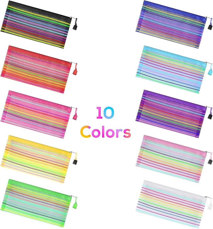 20 Pack Multicolored Zipper Mesh Pouch, Zipper Pencil Pouches Pen Bags, Multipurpose Travel Bags for Cosmetic School Office Supplies and Travel Accessories, 10 Colors (Assorted D)
