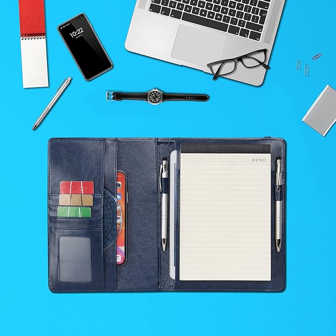 Wonderpool A5 PU Leather Clipboard Partfolio Recipe Binder Notepad Forms Holders Document Case - Interview Planner Meeting Writing Padfolio File for Office Travel School Hotel Restaurant (A5,Blue)