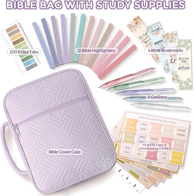 XKDOUS Bible Cover Case for Women, Large Bible Cover with Durable Handle, Washable Quilted Bible Case, Bible Study Supplies & Christian Gifts for Mom, Women, Men (Light Purple)