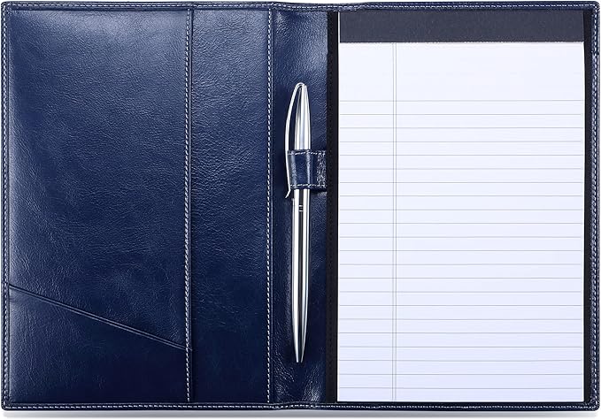 Leather Junior Padfolio for Men & Women with Pen Loop, Italian Calfskin, Business Portfolio Notebook Folder (Antiqued Blue)