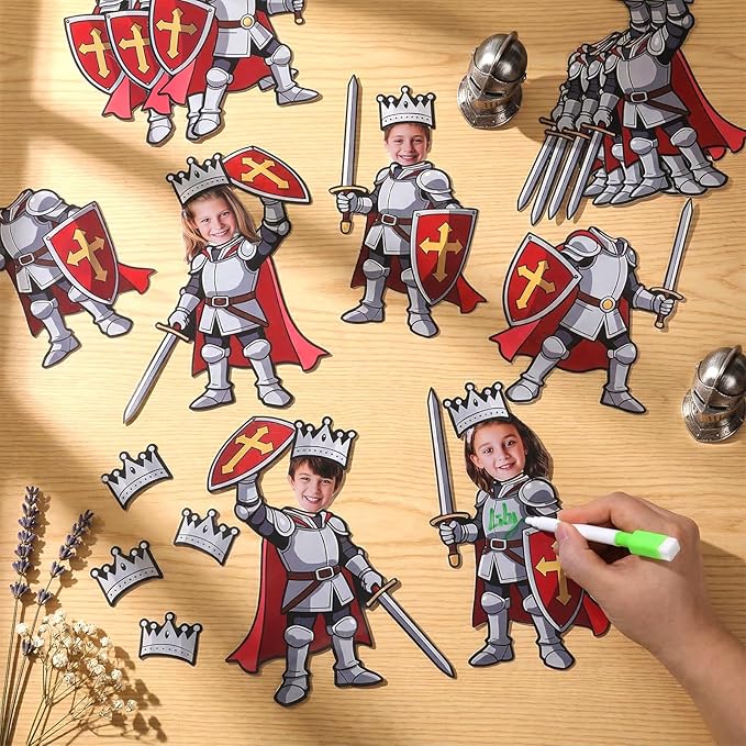 48 Set Medieval Knight Cutouts with Photo Space for Bulletin Board Decor Medieval DIY Photo Crafts Armor Knight Shield Paper Cut Outs for Castle Renaissance Home Chalkboard Wall Classroom Decors