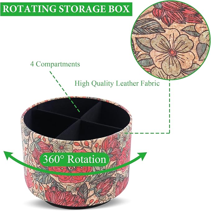 Round Leather Art Supply Organizer,Remote Control Holder,360 Degree Spinning,Multi-Functional Pencil Holder,4 Compartments Desktop Stationary Organizer(1-Red Rose)