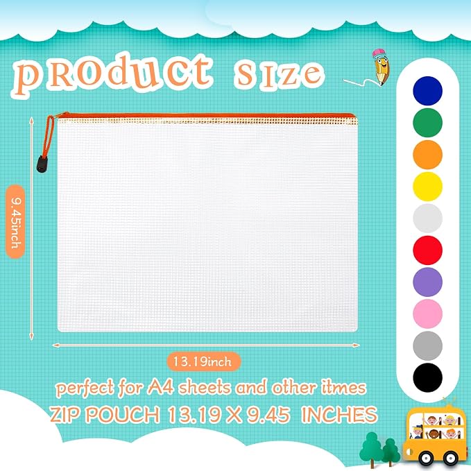 Zhehao 250 Pcs Mesh Zipper Pouch Bags Bulk A4 13.19 x 9.45 Inch Zipper Pouch Waterproof Clear Pencil File Storage Bags Organizer for Teacher School Organization Supplies(Colorful)