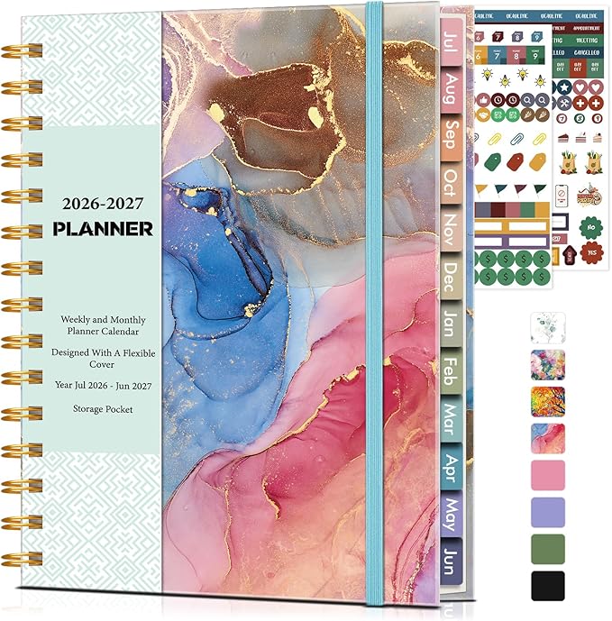 Academic Planner 2026-2027, Weekly and Monthly Calendar Planner from July 2026 - June 2027, 6.1" x 8.2" A5 Large Daily Agenda Book with Tabs, Flexible Cover, College School Organizer for Student Teacher, Watercolor