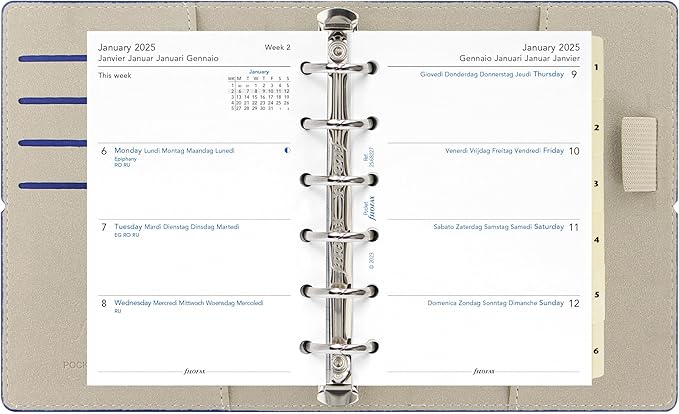 Filofax Domino Organizer, Pocket Size, Navy - Leather-Look, Contrast Stitching, Six Rings, Week-to-View Calendar Diary, Multilingual, 2025 (C027984-25)