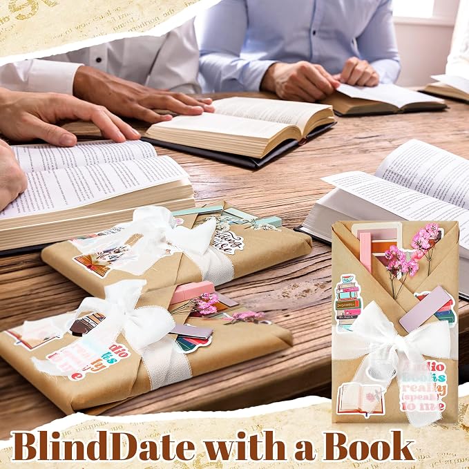 Marspark 6 Set Blind Date with a Book Gift Box Supplies Book Club Lovers Gifts Bulk Including Magnetic Bookmarks Stickers Tags Flowers Bookish Librarian Readers Present for Women Men(Baby's Breath)