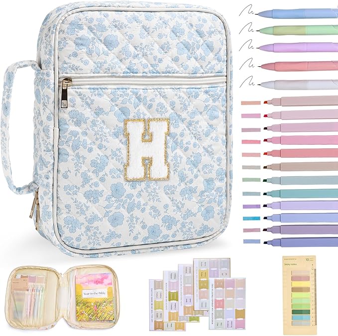 Personalized Initial Bible Cover Case for Women Girls Kid Large Bible Cover with Durable Handle Quilted Bible Carrying Case for Girls Bible Study Supplies Accessories (Blue Flower H, one Size)