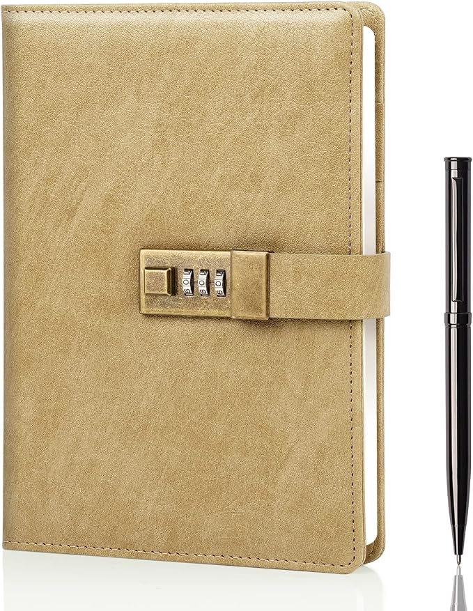 WEMATE Diary with Lock, A5 PU Leather Journal with Lock 240 Pages, Vintage Lock Journal Password Protected Notebook with Pen & Gift Box, Lock Diary Planner Organizer for Men and Women, 8.6x5.8in