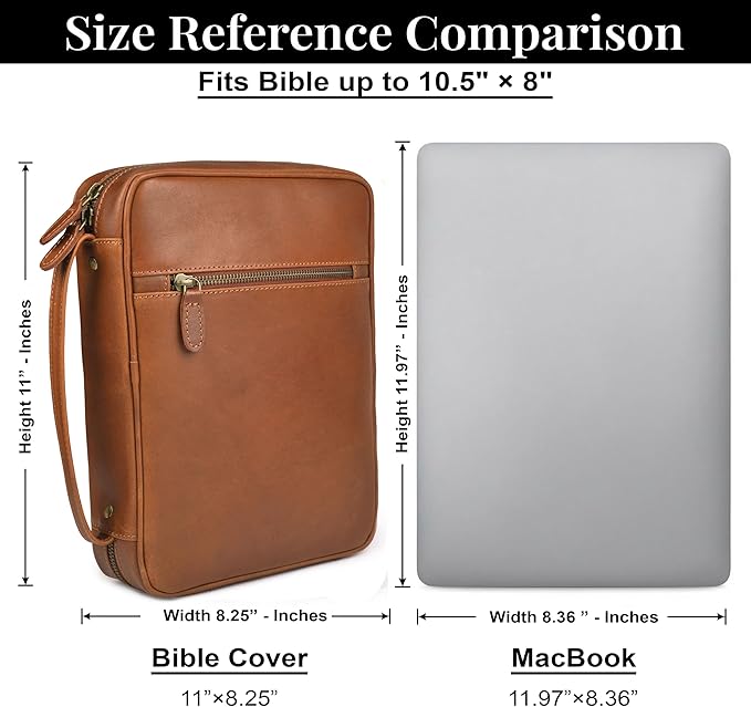 LEATHER VILLAGE Genuine Leather Bible Cover with Zipper for Men & Women - Large Bible Case Carrying Bag Book Cover & Organizer with Handle and Pockets - Leather Bible Covers for Church Study - Tan