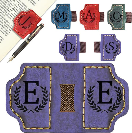 Custom Magnetic Bookmarks with Pen Holder, Personalized 26 Letters Name Initial Leather Bookmark, Leather Book Mark for Men Women Teachers, Readers Book Lovers Gifts (Purple, E)