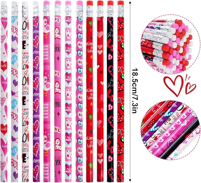 Nydotd 48pcs Bulk Valentines Day Pencils - Wooden Pencils with Erasers, Valentine's Exchange Gifts Goodie Bags Fillers Giveaways Heart Pattern