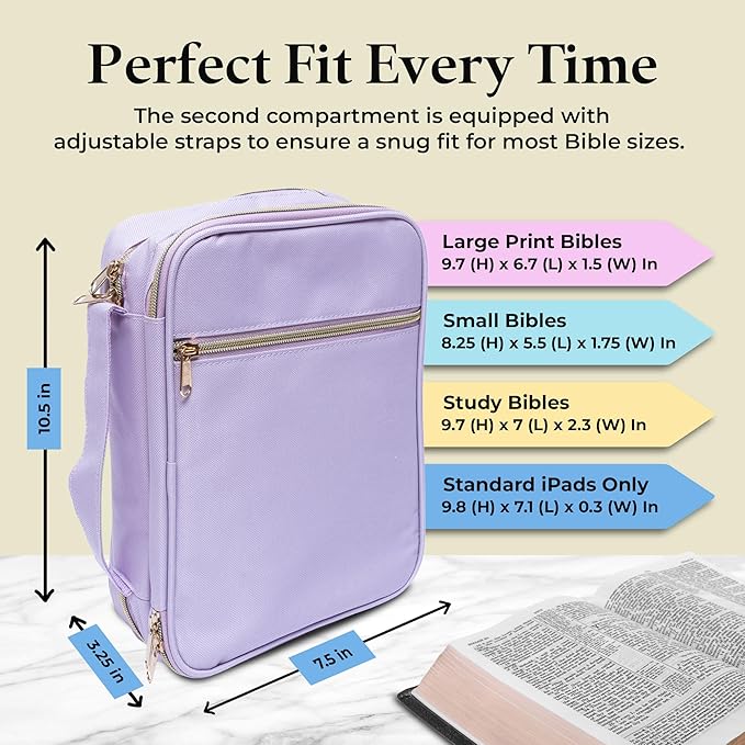 S.F. Creations Premium Bible Carrying Case – Bible Case for Women with Adjustable Straps, Dual Compartments, Extra Pockets for Pens, Book Cover for Teens & Kids, Lavender Case Only