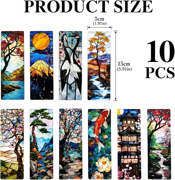 Pretty Stained Glass Bookmark - 10 Pcs Japanese Nature Art Bookmarks for Women Men Book Lovers Students Aesthetic Page Marks School Office Reading Accessories Bookish Birthday Graduation Gifts
