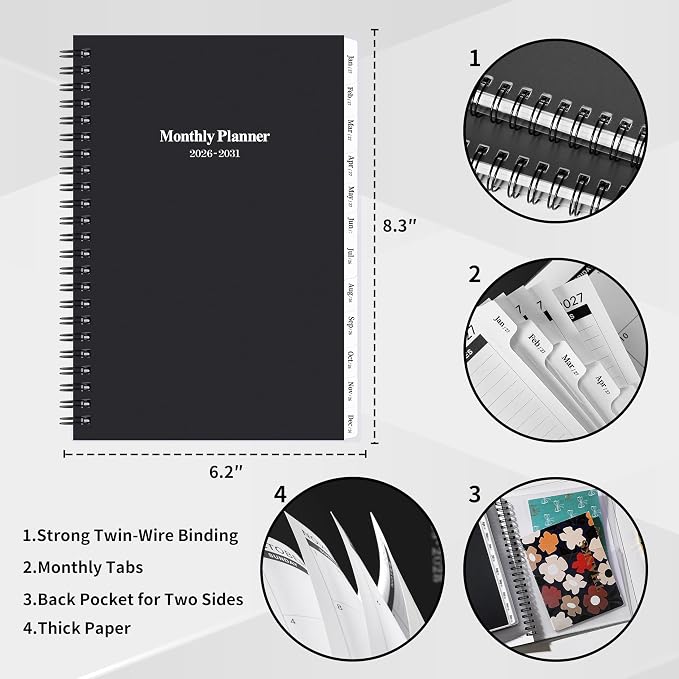 2026-2031 Monthly Planner/Calendar - 5 Year Monthly Planner 2026-2031 with Tabs, Jul 2026 - Jun 2031, 6.4" x 8.5", 60 Monthly Planner, Two-Side Pocket, 9 Notes Pages, Suitable for Long-Term Planning