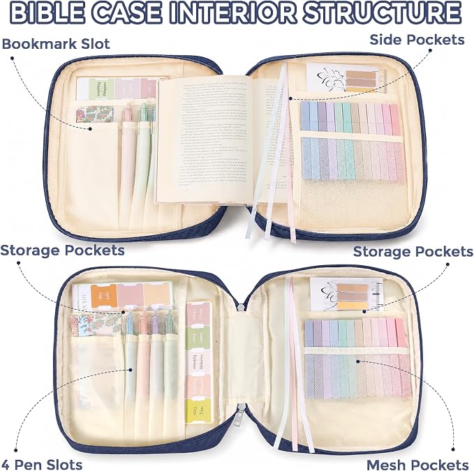 XKDOUS Bible Cover Case for Women, Large Bible Cover with Durable Handle, Washable Quilted Bible Case, Bible Study Supplies & Christian Gifts for Mom, Women, Men (Dark Blue)