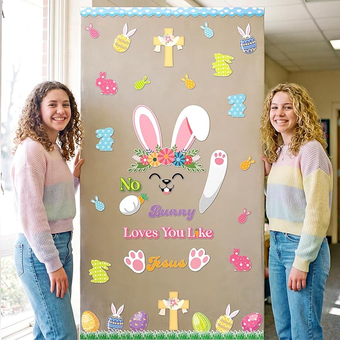 109Pcs Easter Bunny Christian Cross Bulletin Board Set No Bunny Loves You Like Jesus Eggs Cutouts Spring Rabbit Religious Bulletin Board for Bible Sunday School Chalkboard Church Wall Door Decor