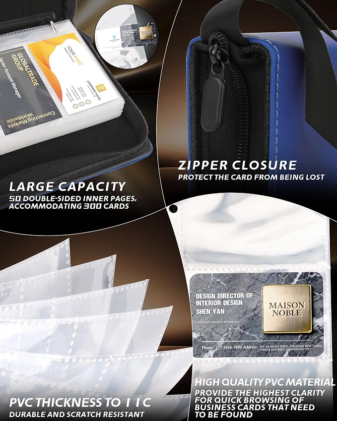 Leather Business Card Book Holder Organizer, Professional Name Card Book Holder with 300 Card Capacity, Portable PU Credit Card Binder File Sleeve Storage for Men Women,50 Pack Sleeves Zipper Closure