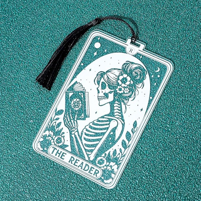 1Pc Translucent Gothic Skull Bookmarks for Women Readers - “Reader” Themed Acrylic Bookmark with Tassel for Nurses, Retirees, Men Gifts, Book Page Accessories, Reading Markers (Women Reader)