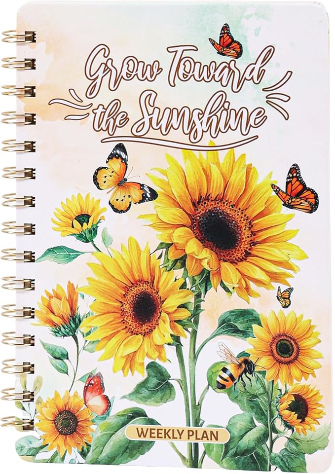 Sunflower Weekly Planner Hardcover - 52 Weeks Undated Daily Schedule Organizer with Personal Info Page & Perpetual Calendar, Floral Planning Notebook Gift for Women & Students, Office Home Planning