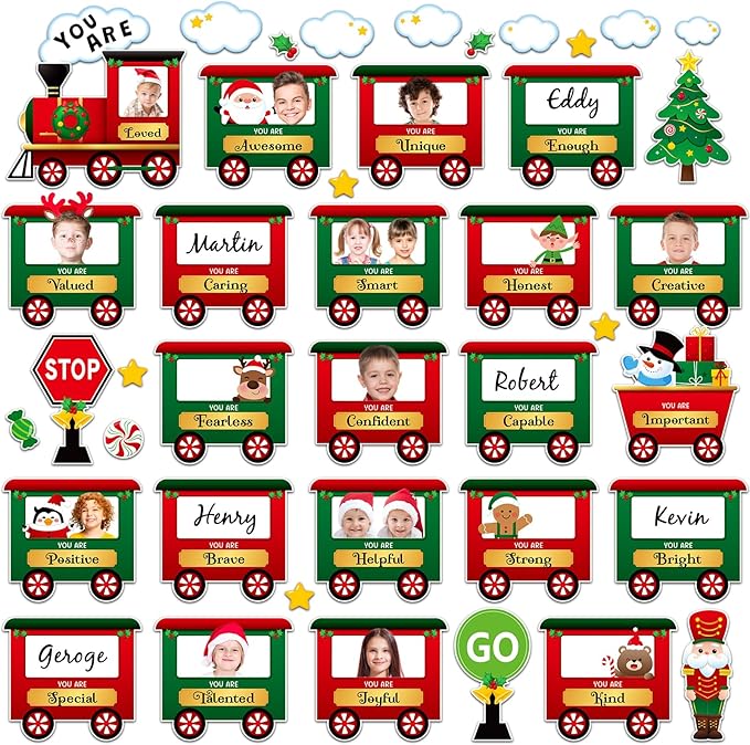 42 Pcs Christmas Train Affirmation Station Bulletin Board Decoration Train Motivational Growth Mindset Cutouts Inspirational Classroom DIY Craft Photo for School Office Party Supplies