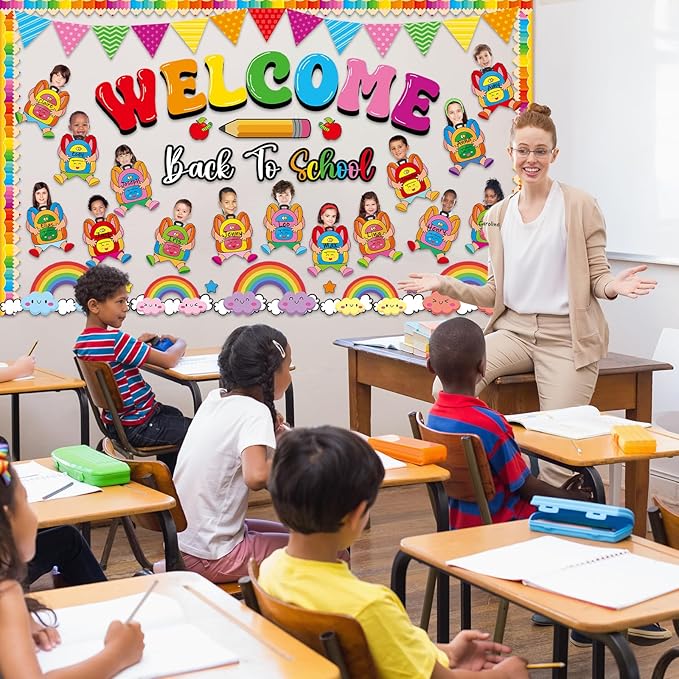 gisgfim Welcome Back to School Bulletin Board Decorations Set Schoolbag Paper Cutouts Colorful Cartoon Backpack Classroom DIY Photo Craft Bulletin Board Decor for Preschool Home Door Chalkboard Wall