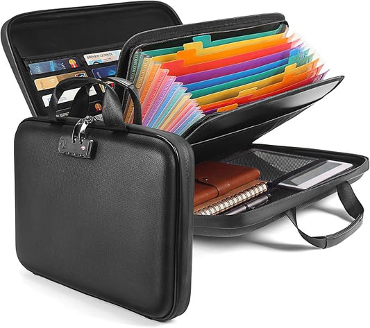 Calenzana Fireproof Document Boxes with TSA Lock, Upgraded 16 Pockets Fireproof＆Water Resistant File Organizer, Hard-Shell Safe Box for Important Certificates, Passport, Laptop