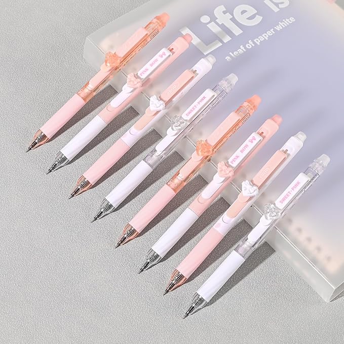 8 Pcs Cute Erasable Gel Pens with Erasers, 0.5 mm Fine Point Black & Blue Ink Pens, Smooth Writing Retractable Pen for Note Taking and Crossword Puzzles (Pink)