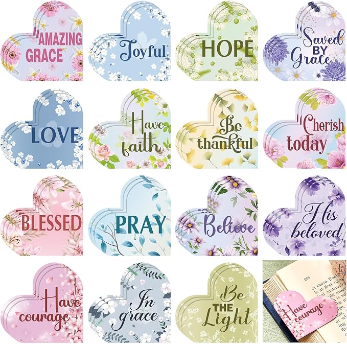Skyygemm 48 Pcs Christian Bible Magnetic Bookmark Inspirational Bookmarks Religious Gift with Bible Verse Heart Shaped Floral Magnetic Page Clips for Mother's Day Mom Women Church