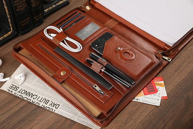 Leather Portfolio for 13 inch iPad Pro M4 (2024), Business Tablet Portfolio for Men, Personalized Padfolio, Engraved Portfolio Folder for A4 Notepad (Oil Brown, Custom)