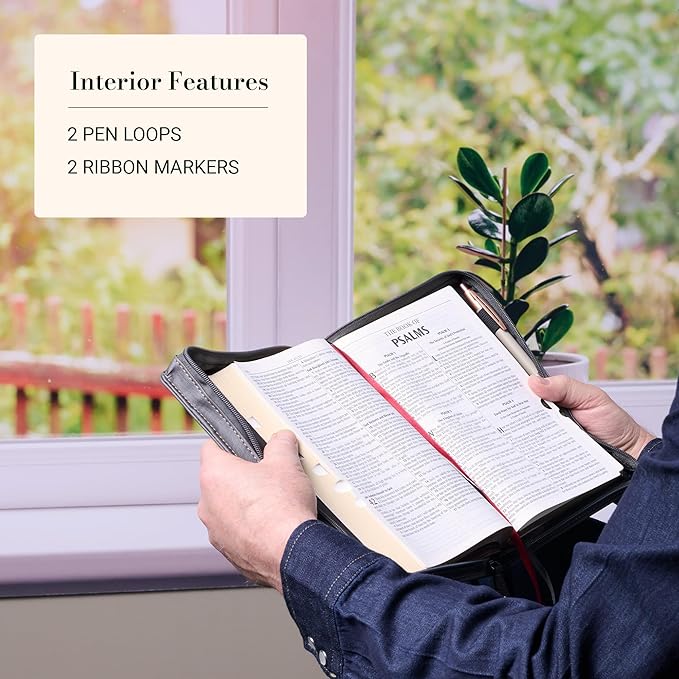 Christian Art Gifts Premium Classic Vegan Leather Bible Cover for Men & Women: Strong and Courageous Inspirational Bible Verse, Protective Book Carry Case, Gray, Large