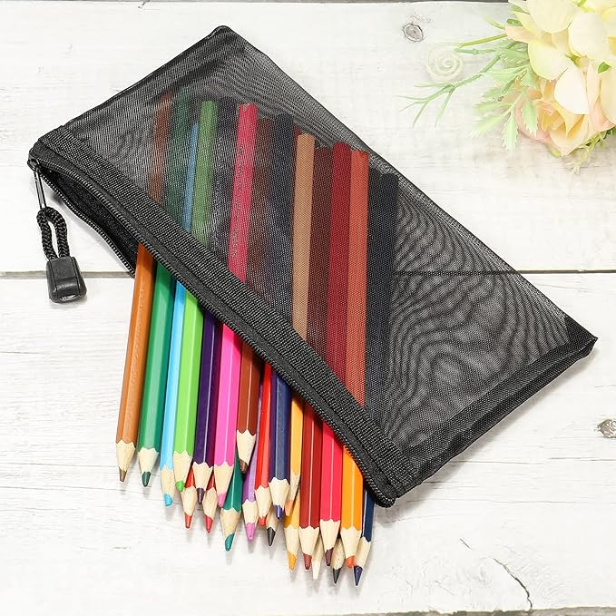 MECCANIXITY Mesh Zipper Bags, A6 Nylon Zip Pouch Pencil Case Storage Pockets for Travel Office Accessories, Black Pack of 6