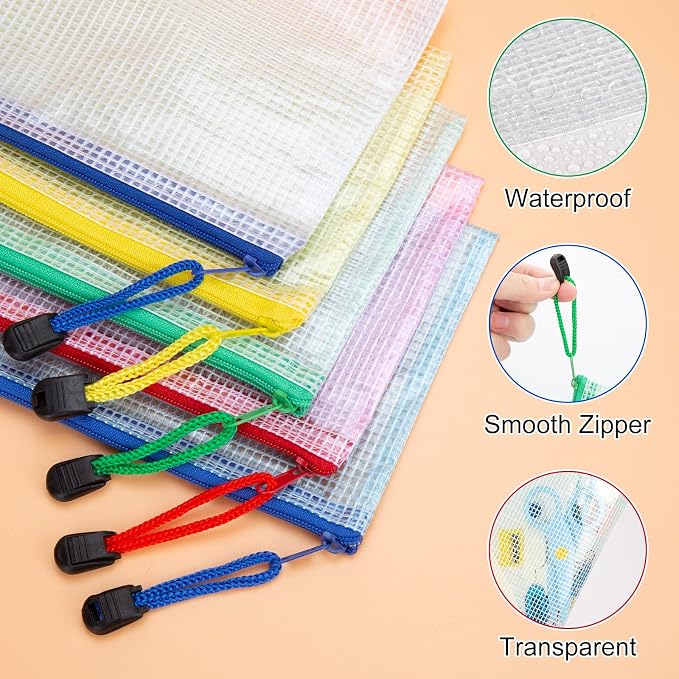 IKAYAS Mesh Pencil Bags - Zippered Document Folders, 20 Pack, 10 Colors - School & Office