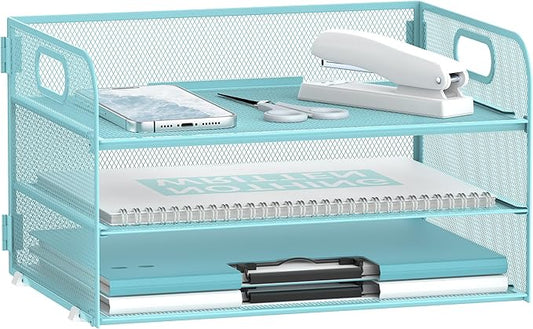 DALTACK 3 Tier Paper Organizer with Handle, Mesh Metal Desk Organizer with Sliding Paper Trays for Letter/A4 Paper, Mail, Bills & Folders, Blue