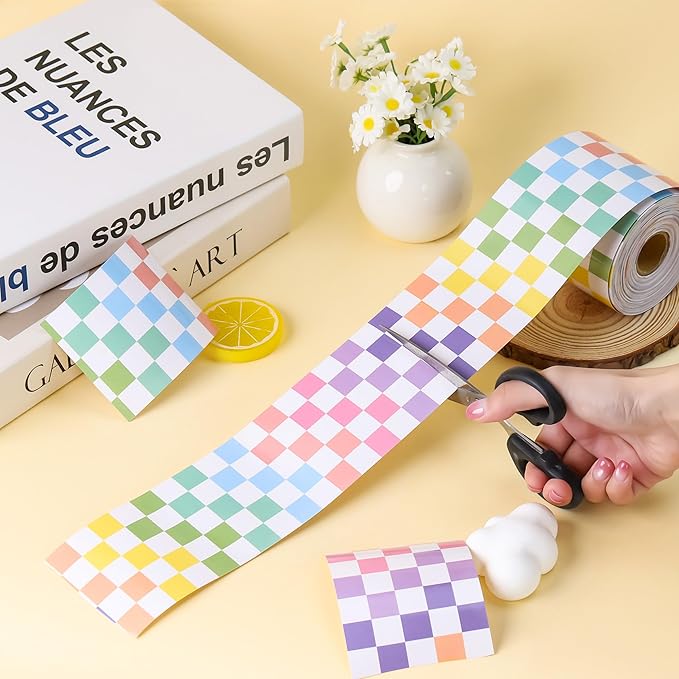 66 ft Colorful Checkered Bulletin Board Border Checkered die-Cut Border Trim Paper Cutouts roll for School Chalkboard Bulletin Board Window Wall Home Offices Party Funny Decor