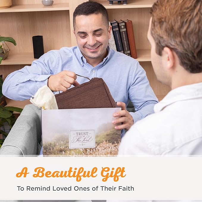 Christian Art Gifts Polyester Bible Cover for Men & Women w/Jesus Fish Patch, Secure Zipper Pocket, Pen Loops, Easy Carry Book Case for Stationery, Accessories, Brown, XL