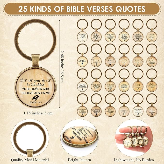 Junkin 25 Set Christian Keychain Gift Bulk for Men Fathers Day Church Bible Emergency Numbers Bookmark Bible Verse Keychain for Men Women Father Friends Coworkers (Vintage)