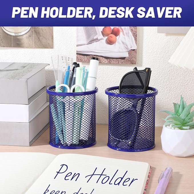 Segarty Pen Cup, 3 Pack Assorted Colors Round Pen Holder for Desk, Wire Mesh Pencil Cups Holder Desktop Accessories Organizer for Office Supplies, School, Home, Makeup Brush (Black Silver Dark Blue)
