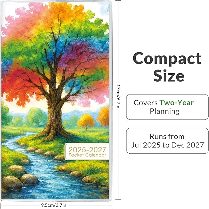 Phyxin Pocket Calendar 2025-2027, Two Year Pocket Planner - Runs From Jul 2025 Until Dec 2027, Small Size Planner - 6.7" x 3.7", Small Calendar for Easy Organizing, Tree