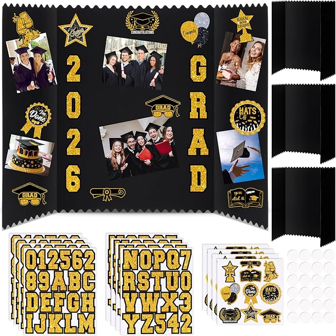 AmazingSpark 4 Sets Graduation Photo Display Board Trifold Poster Board with 12 Graduation Themed Stickers for 2026 Grad Party Decoration Picture Collage Frame Supplies (24 x 16,Black Gold)